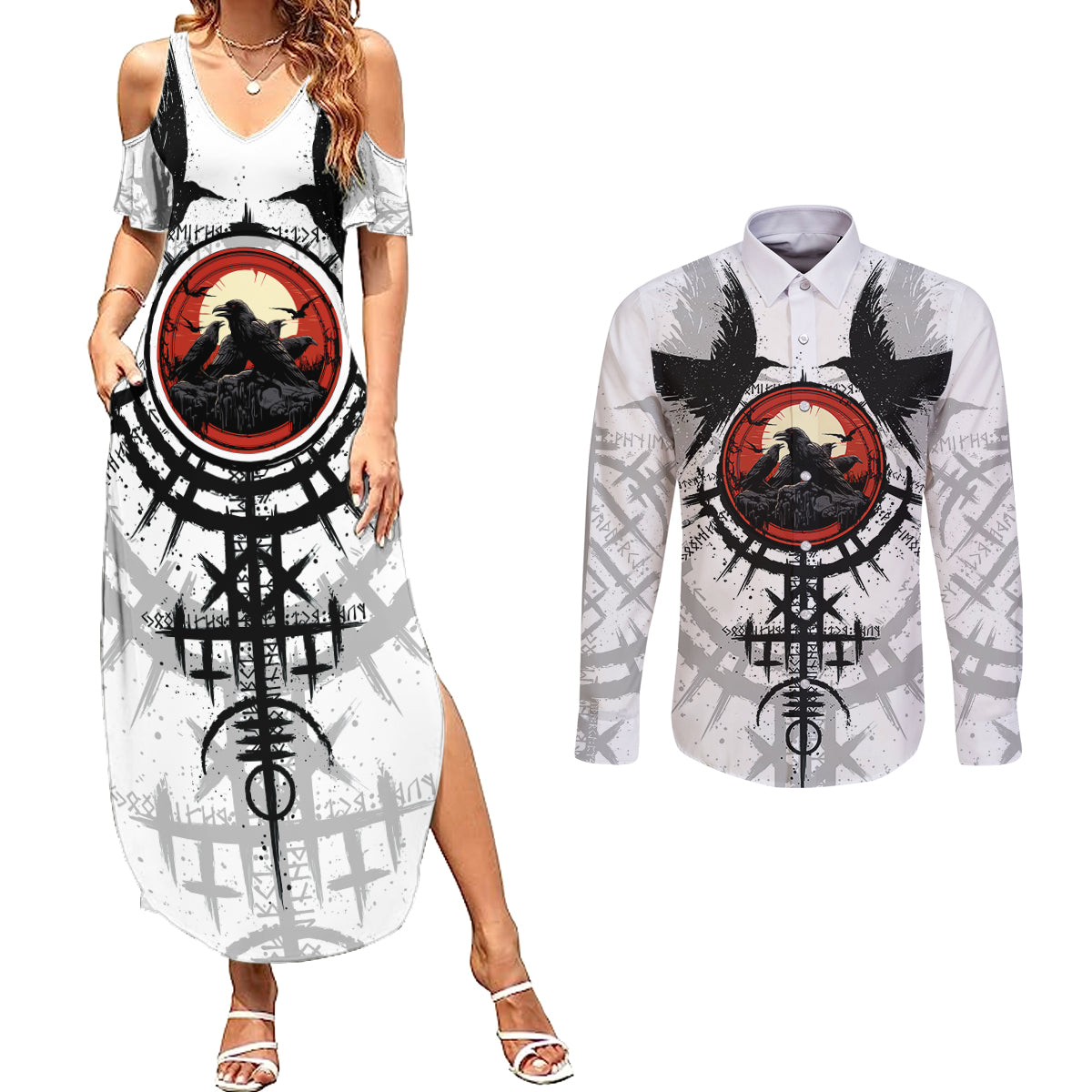 Viking Ravens Couples Matching Summer Maxi Dress and Long Sleeve Button Shirts Can't Hide Our Warrior Pride - Wonder Print Shop
