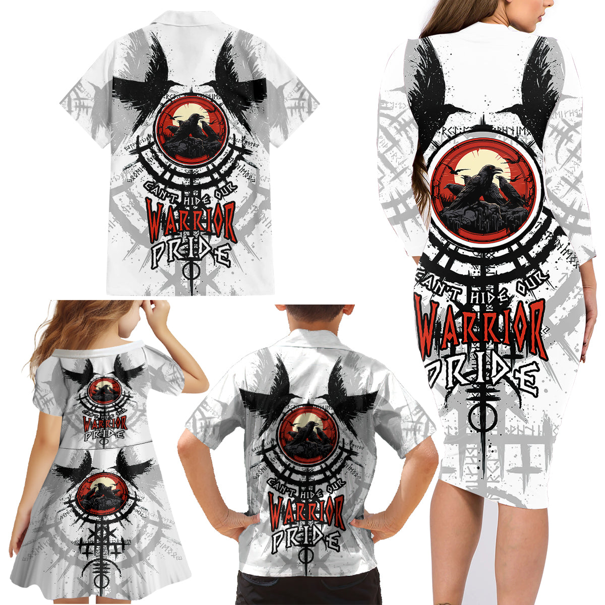 Viking Ravens Family Matching Long Sleeve Bodycon Dress and Hawaiian Shirt Can't Hide Our Warrior Pride - Wonder Print Shop