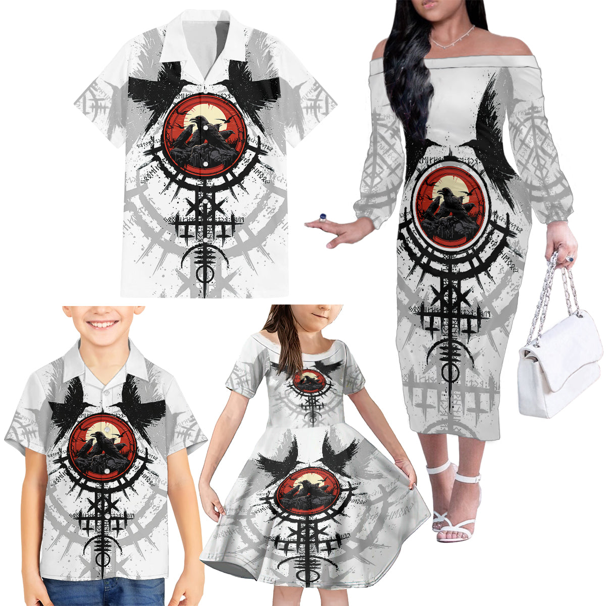Viking Ravens Family Matching Off Shoulder Long Sleeve Dress and Hawaiian Shirt Can't Hide Our Warrior Pride - Wonder Print Shop