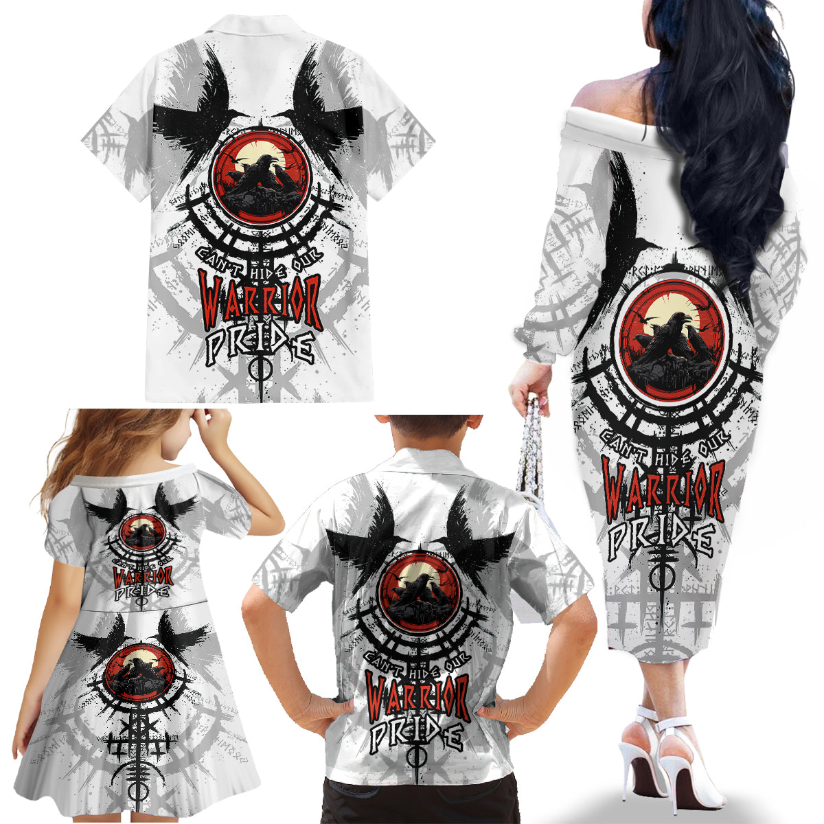 Viking Ravens Family Matching Off Shoulder Long Sleeve Dress and Hawaiian Shirt Can't Hide Our Warrior Pride - Wonder Print Shop