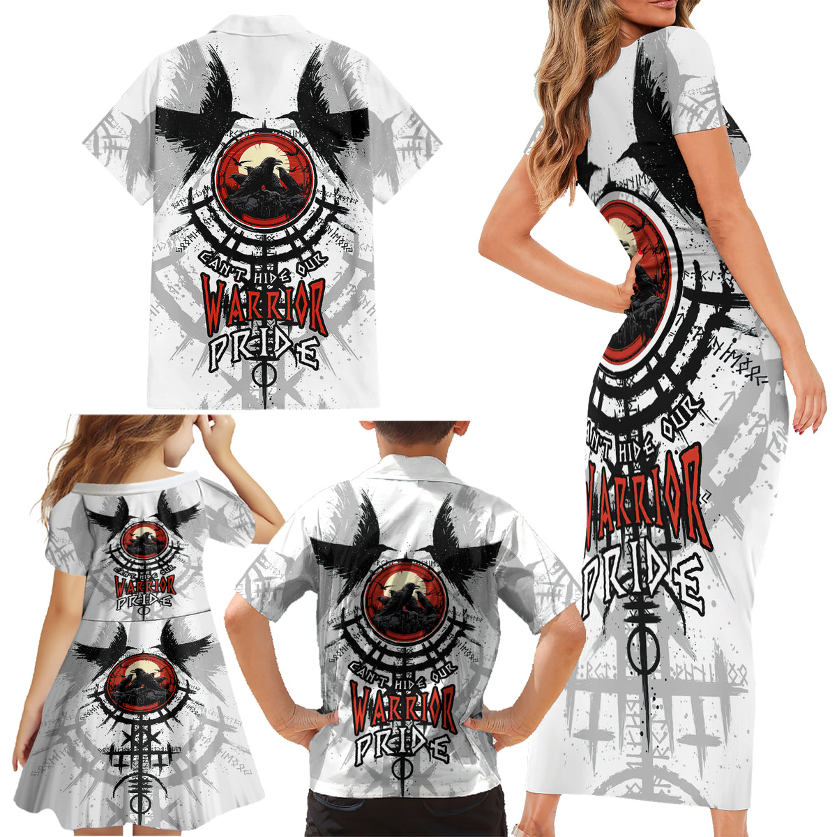 Viking Ravens Family Matching Short Sleeve Bodycon Dress and Hawaiian Shirt Can't Hide Our Warrior Pride - Wonder Print Shop