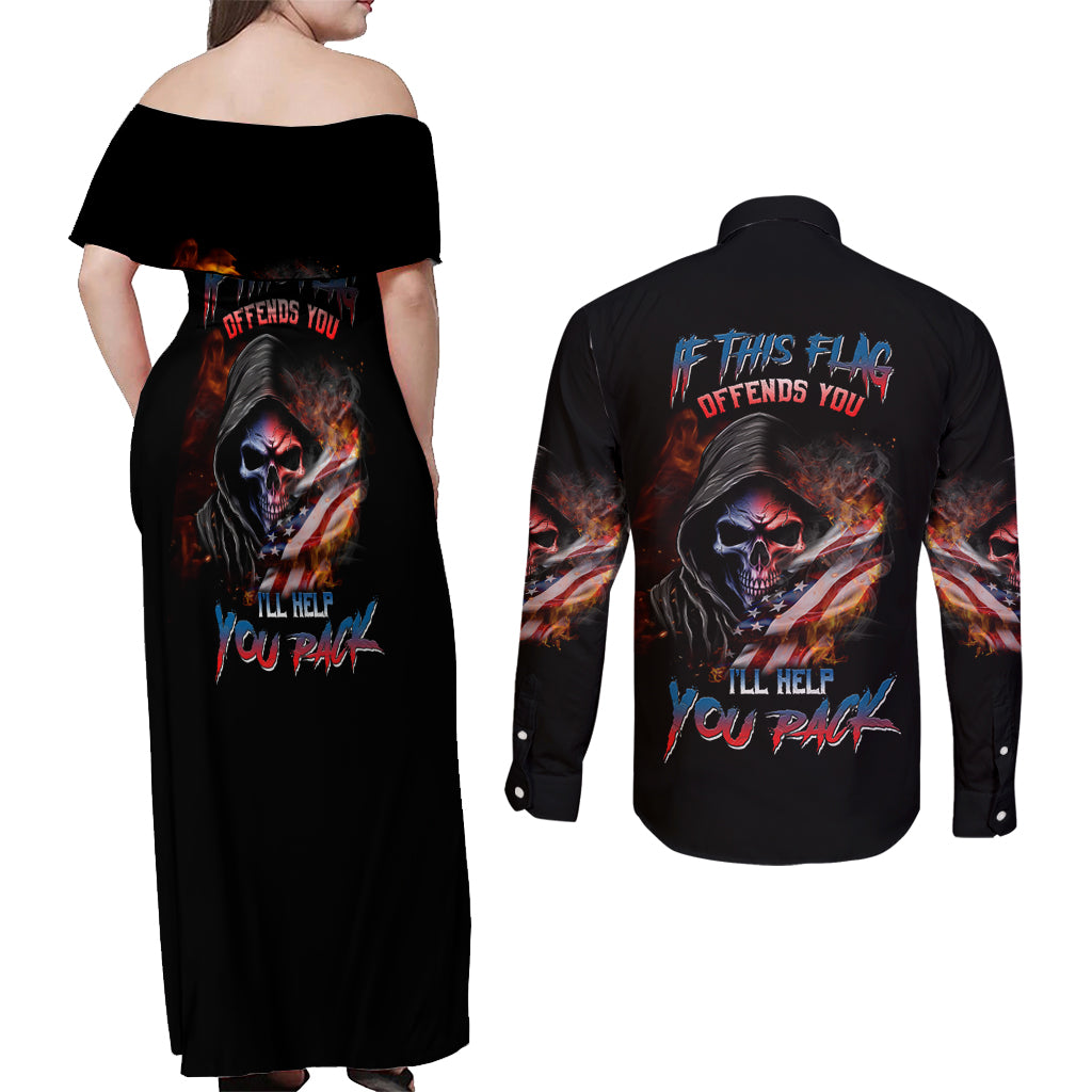 If This Flag Offends You I'll Help You Pack Skull Couples Matching Off Shoulder Maxi Dress and Long Sleeve Button Shirt - Wonder Print Shop