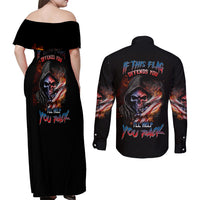If This Flag Offends You I'll Help You Pack Skull Couples Matching Off Shoulder Maxi Dress and Long Sleeve Button Shirt - Wonder Print Shop