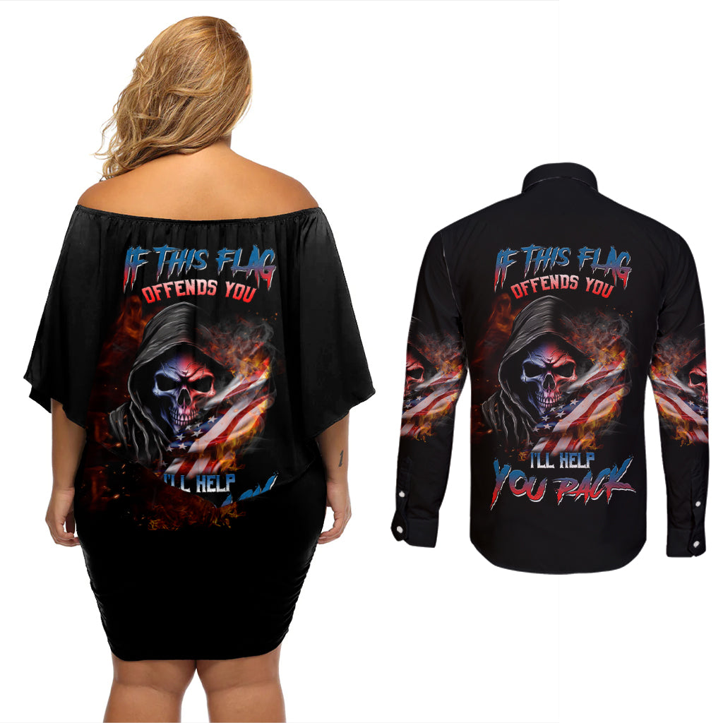 If This Flag Offends You I'll Help You Pack Skull Couples Matching Off Shoulder Short Dress and Long Sleeve Button Shirt - Wonder Print Shop
