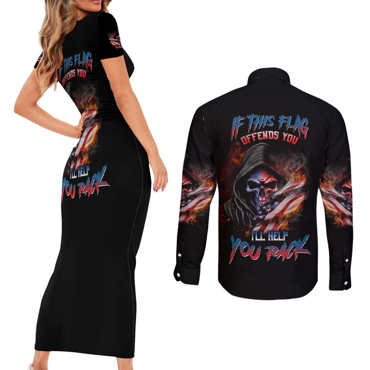 If This Flag Offends You I'll Help You Pack Skull Couples Matching Short Sleeve Bodycon Dress and Long Sleeve Button Shirt - Wonder Print Shop