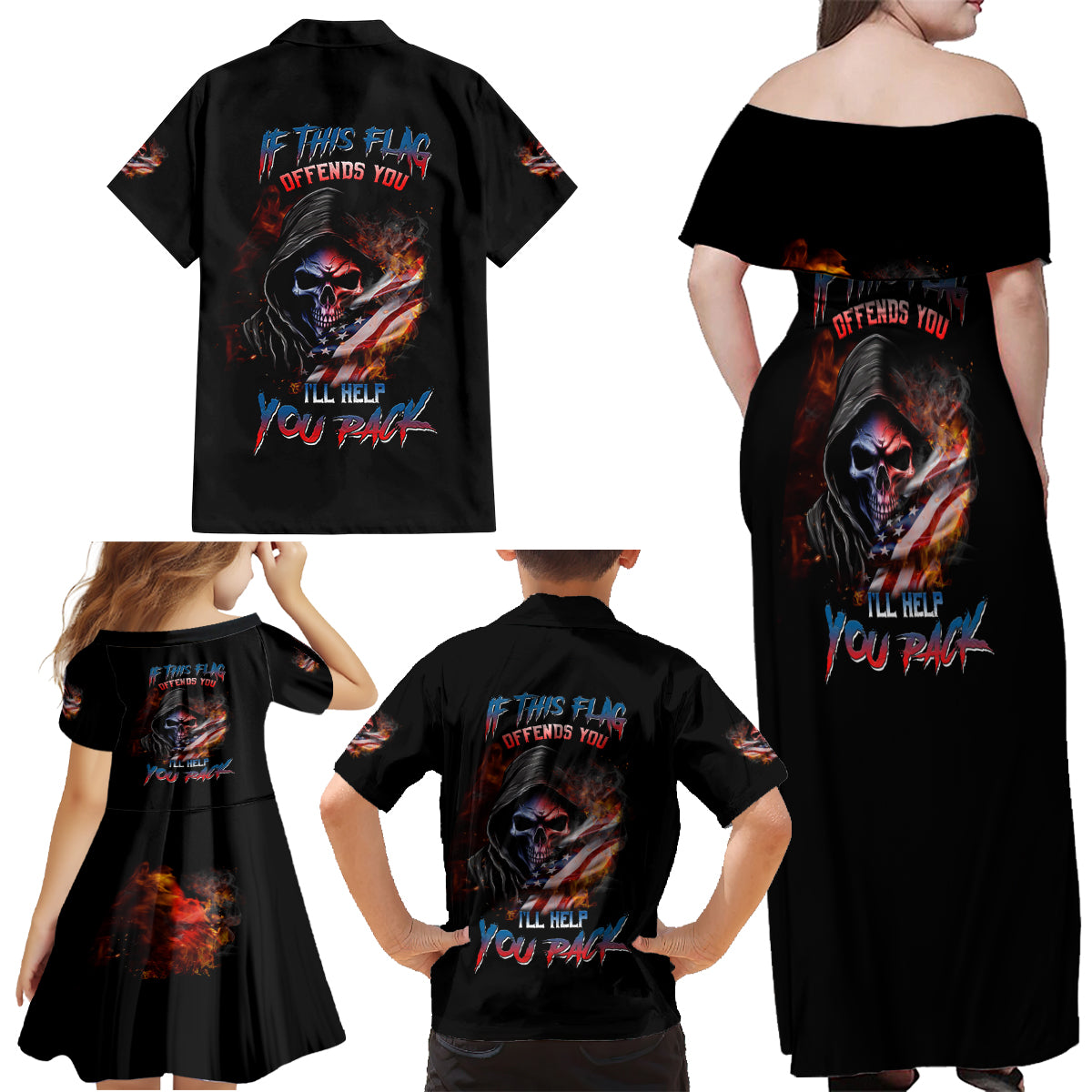If This Flag Offends You I'll Help You Pack Skull Family Matching Off Shoulder Maxi Dress and Hawaiian Shirt - Wonder Print Shop