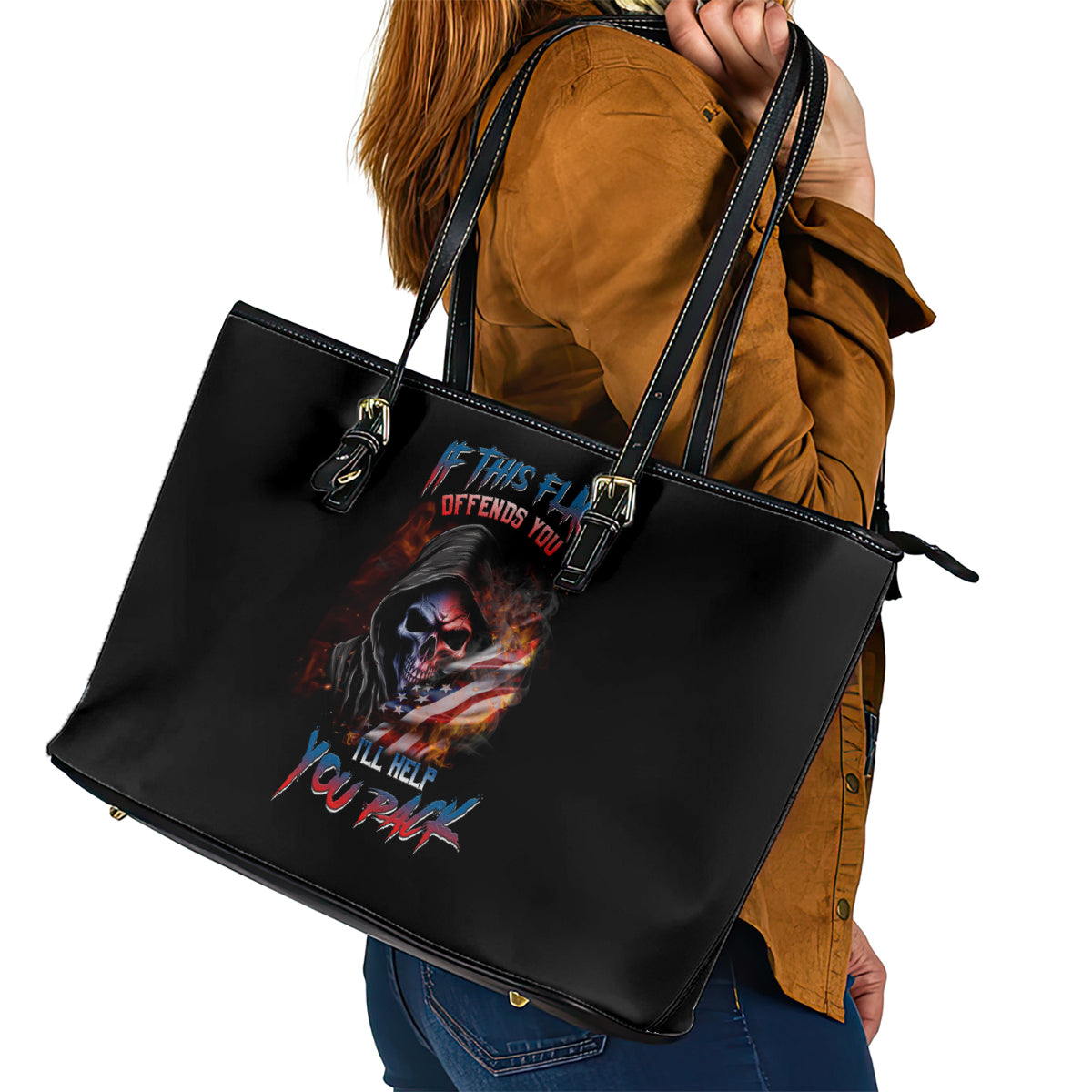 If This Flag Offends You I'll Help You Pack Skull Leather Tote Bag - Wonder Print Shop
