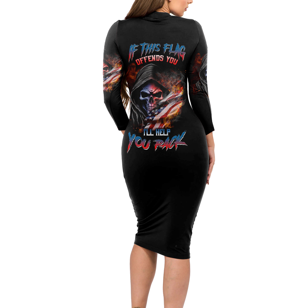 If This Flag Offends You I'll Help You Pack Skull Long Sleeve Bodycon Dress - Wonder Print Shop