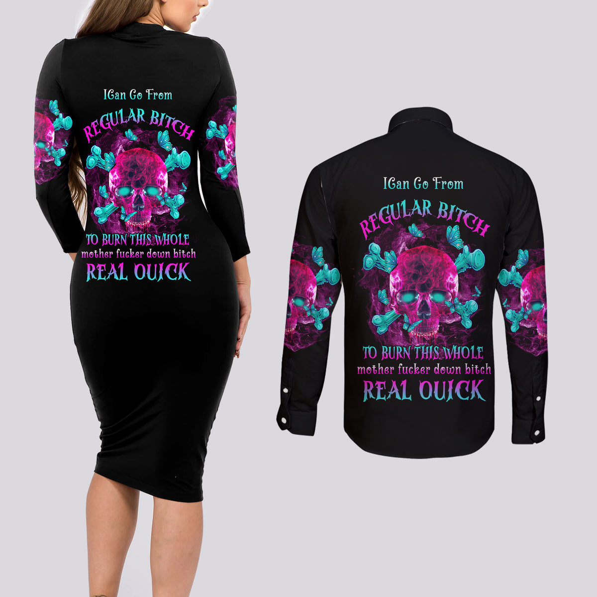 I Can Go From Regular B To Burn Couples Matching Long Sleeve Bodycon Dress and Long Sleeve Button Shirt - Wonder Print Shop