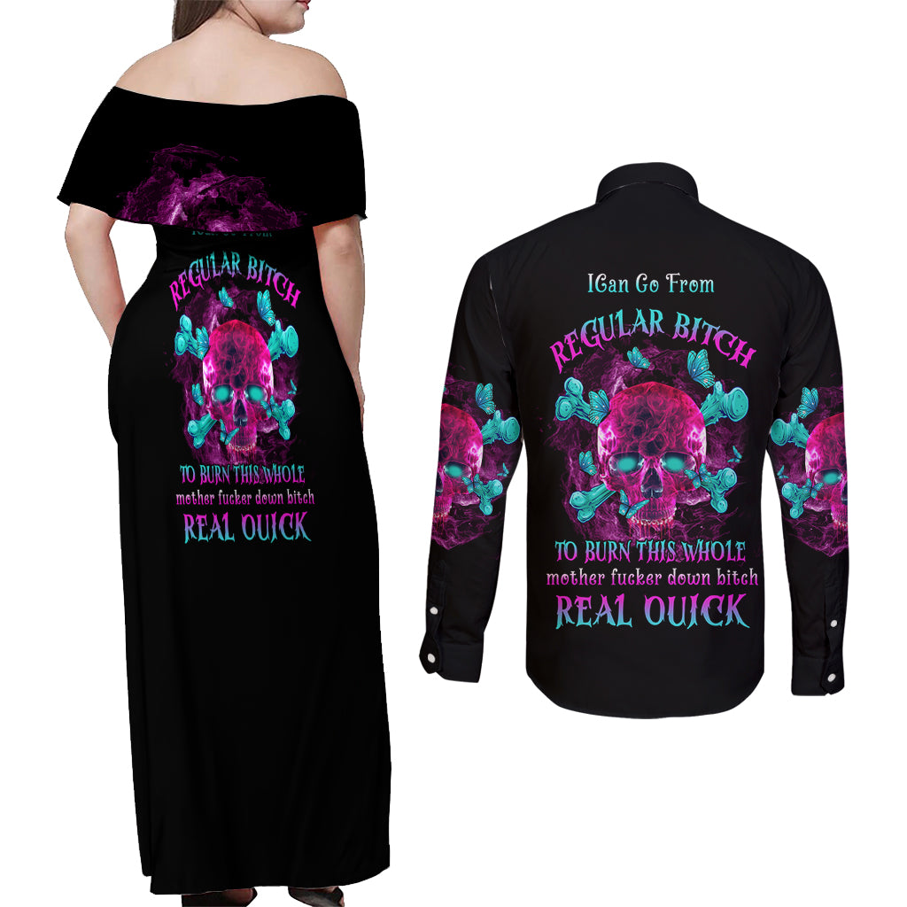 I Can Go From Regular B To Burn Couples Matching Off Shoulder Maxi Dress and Long Sleeve Button Shirt - Wonder Print Shop