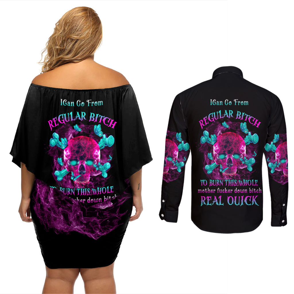 I Can Go From Regular B To Burn Couples Matching Off Shoulder Short Dress and Long Sleeve Button Shirt - Wonder Print Shop