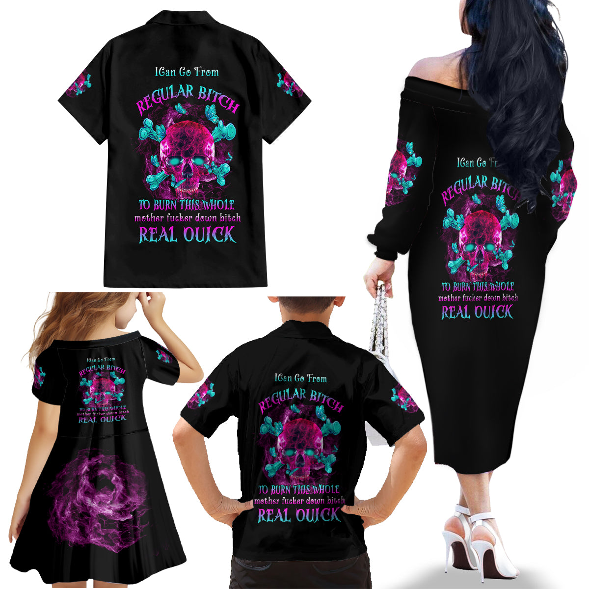 I Can Go From Regular B To Burn Family Matching Off Shoulder Long Sleeve Dress and Hawaiian Shirt - Wonder Print Shop