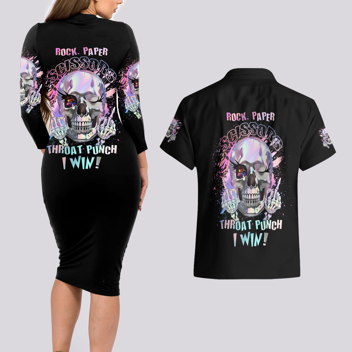 Rock Paper Throat Punch I Win Couples Matching Long Sleeve Bodycon Dress and Hawaiian Shirt - Wonder Print Shop