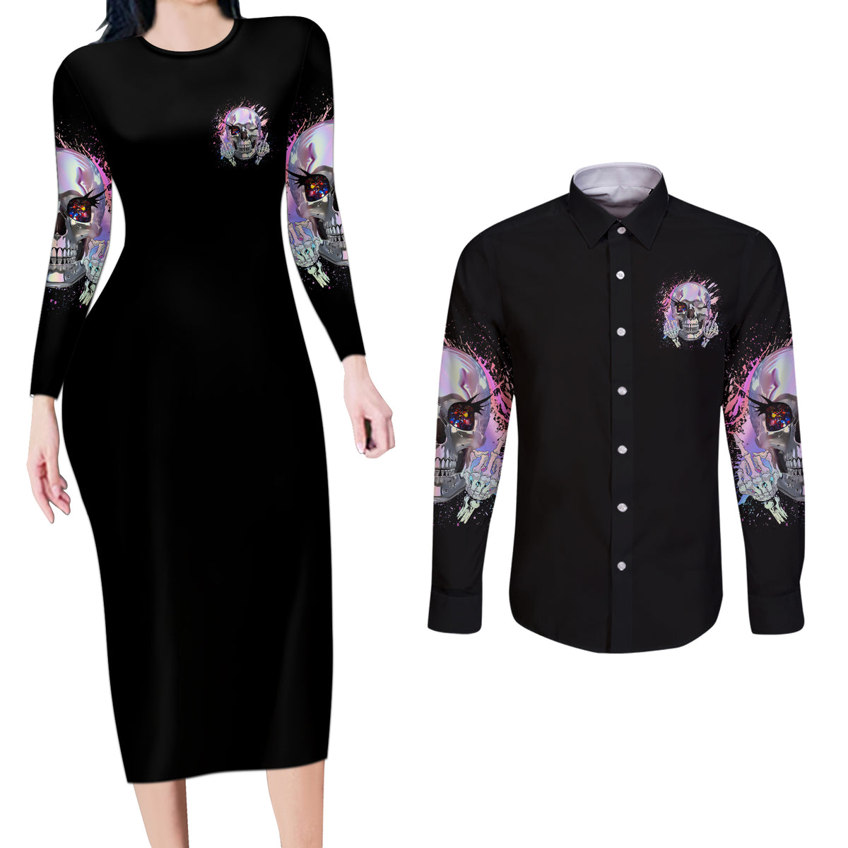 Rock Paper Throat Punch I Win Couples Matching Long Sleeve Bodycon Dress and Long Sleeve Button Shirt - Wonder Print Shop