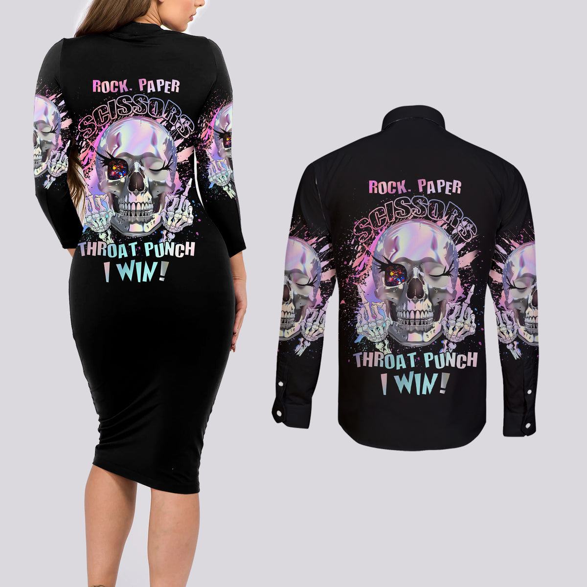 Rock Paper Throat Punch I Win Couples Matching Long Sleeve Bodycon Dress and Long Sleeve Button Shirt - Wonder Print Shop