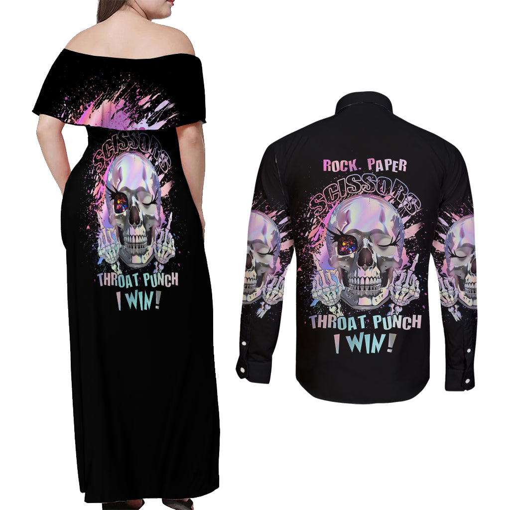 Rock Paper Throat Punch I Win Couples Matching Off Shoulder Maxi Dress and Long Sleeve Button Shirt - Wonder Print Shop