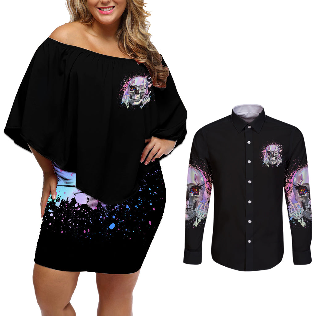 Rock Paper Throat Punch I Win Couples Matching Off Shoulder Short Dress and Long Sleeve Button Shirt - Wonder Print Shop