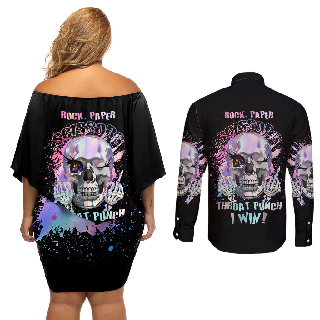 Rock Paper Throat Punch I Win Couples Matching Off Shoulder Short Dress and Long Sleeve Button Shirt - Wonder Print Shop