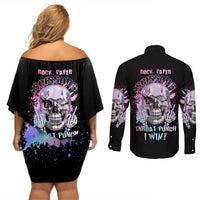 Rock Paper Throat Punch I Win Couples Matching Off Shoulder Short Dress and Long Sleeve Button Shirt - Wonder Print Shop