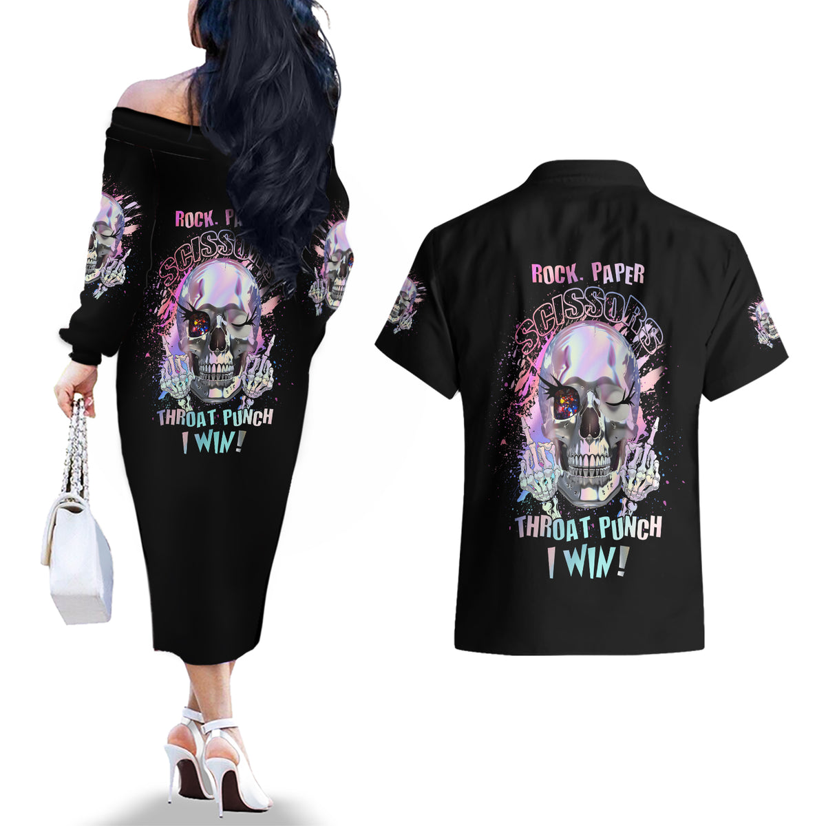 Rock Paper Throat Punch I Win Couples Matching Off The Shoulder Long Sleeve Dress and Hawaiian Shirt - Wonder Print Shop
