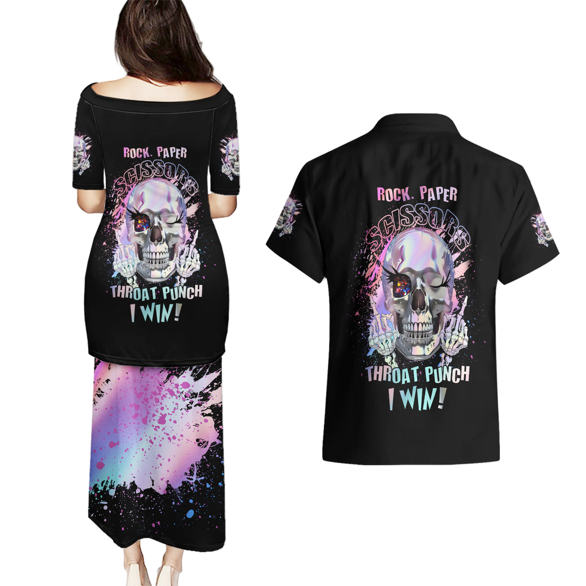 Rock Paper Throat Punch I Win Couples Matching Puletasi Dress and Hawaiian Shirt - Wonder Print Shop