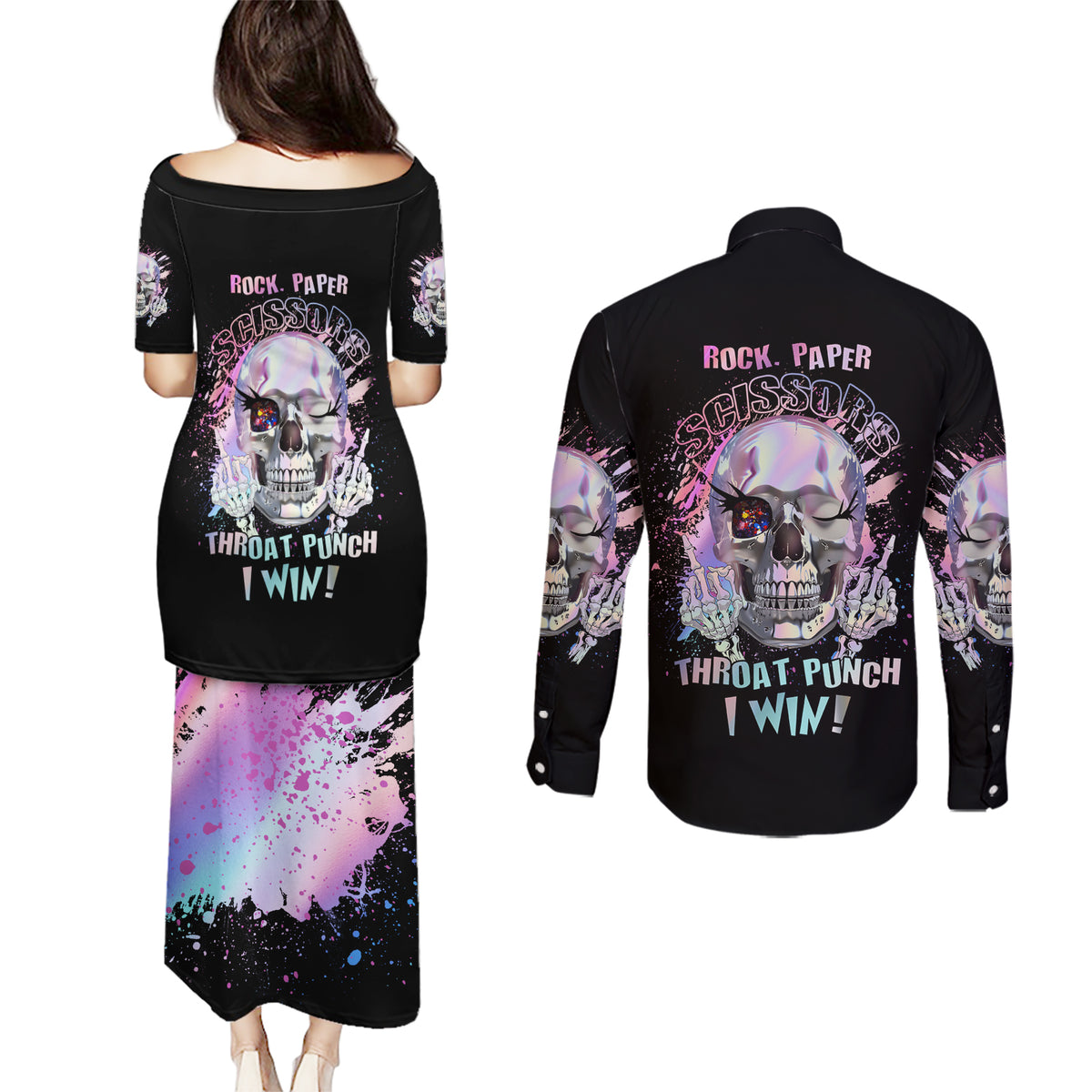 Rock Paper Throat Punch I Win Couples Matching Puletasi Dress and Long Sleeve Button Shirt - Wonder Print Shop