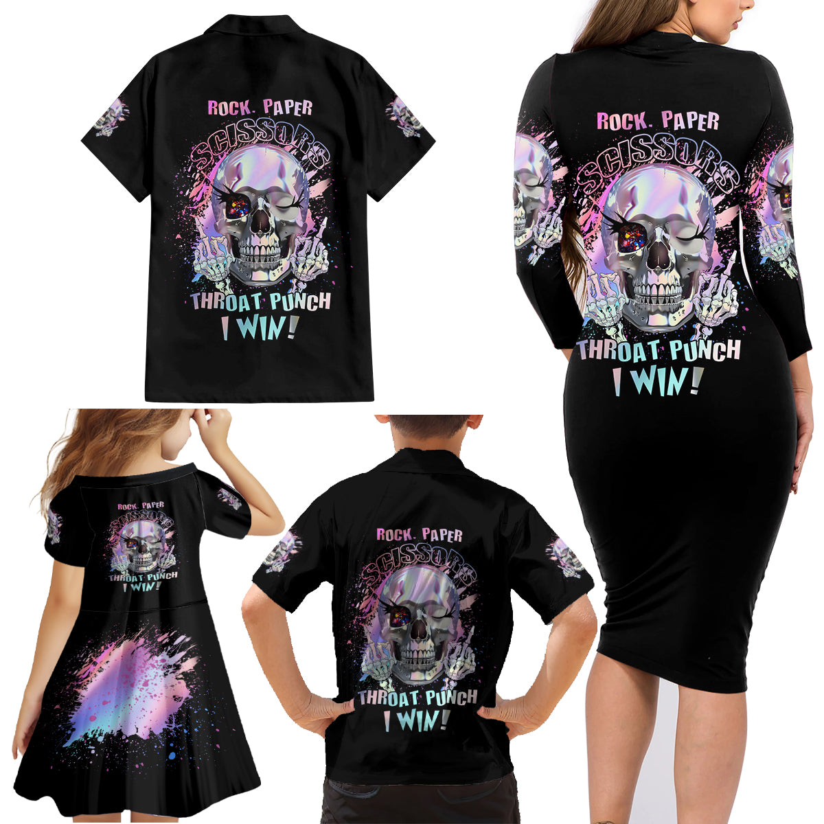 Rock Paper Throat Punch I Win Family Matching Long Sleeve Bodycon Dress and Hawaiian Shirt - Wonder Print Shop
