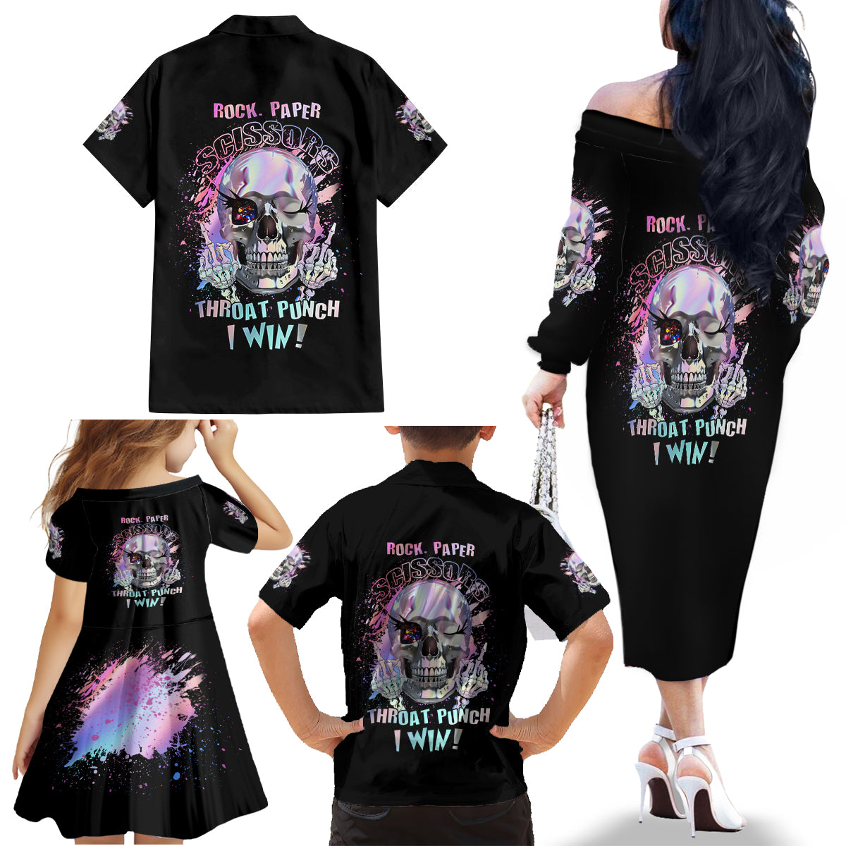 Rock Paper Throat Punch I Win Family Matching Off Shoulder Long Sleeve Dress and Hawaiian Shirt - Wonder Print Shop