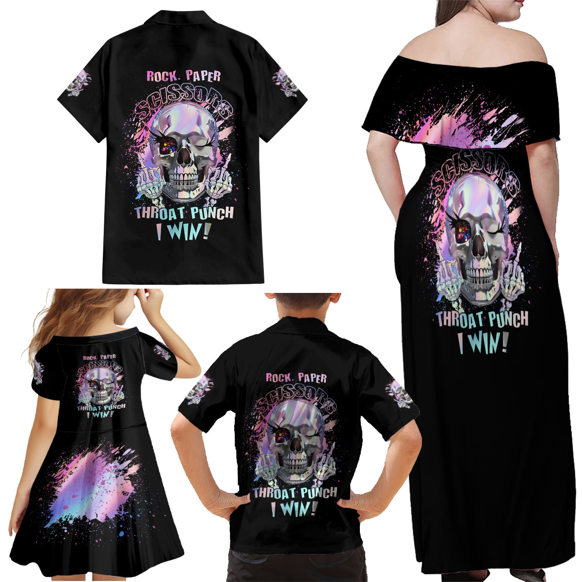Rock Paper Throat Punch I Win Family Matching Off Shoulder Maxi Dress and Hawaiian Shirt - Wonder Print Shop