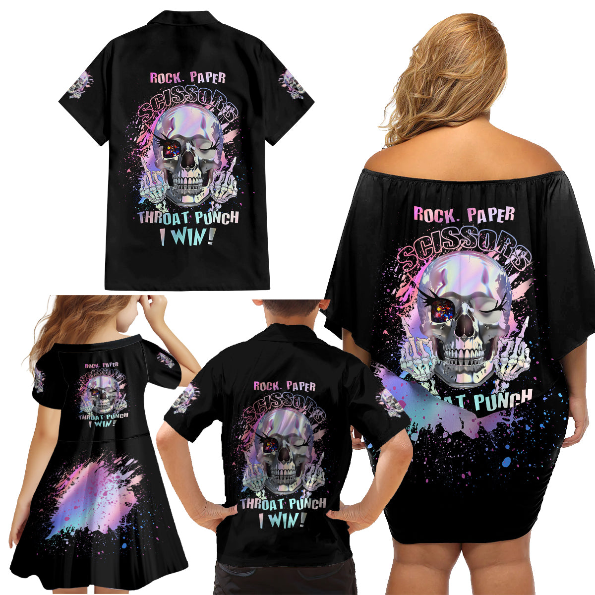 Rock Paper Throat Punch I Win Family Matching Off Shoulder Short Dress and Hawaiian Shirt - Wonder Print Shop