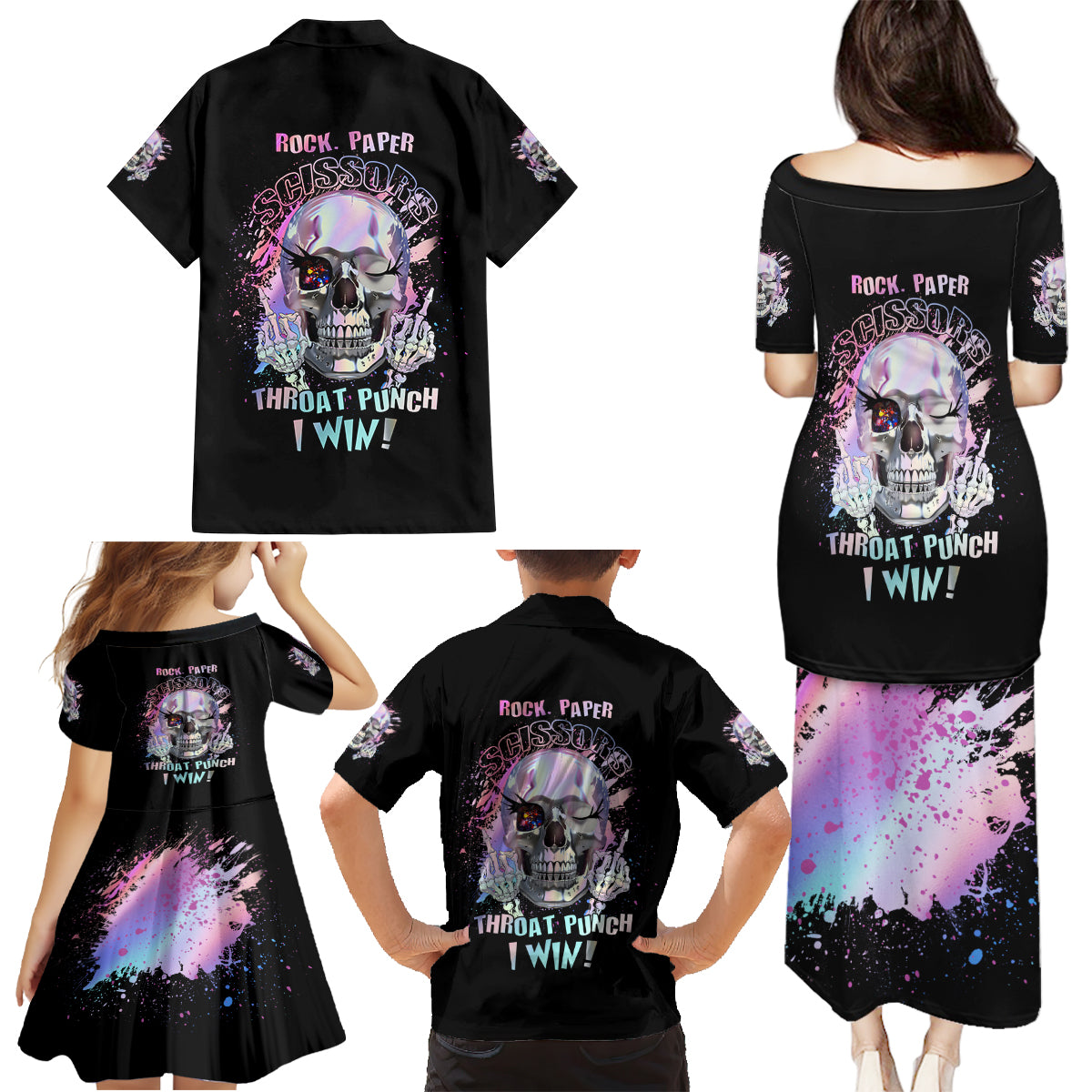 Rock Paper Throat Punch I Win Family Matching Puletasi Dress and Hawaiian Shirt - Wonder Print Shop