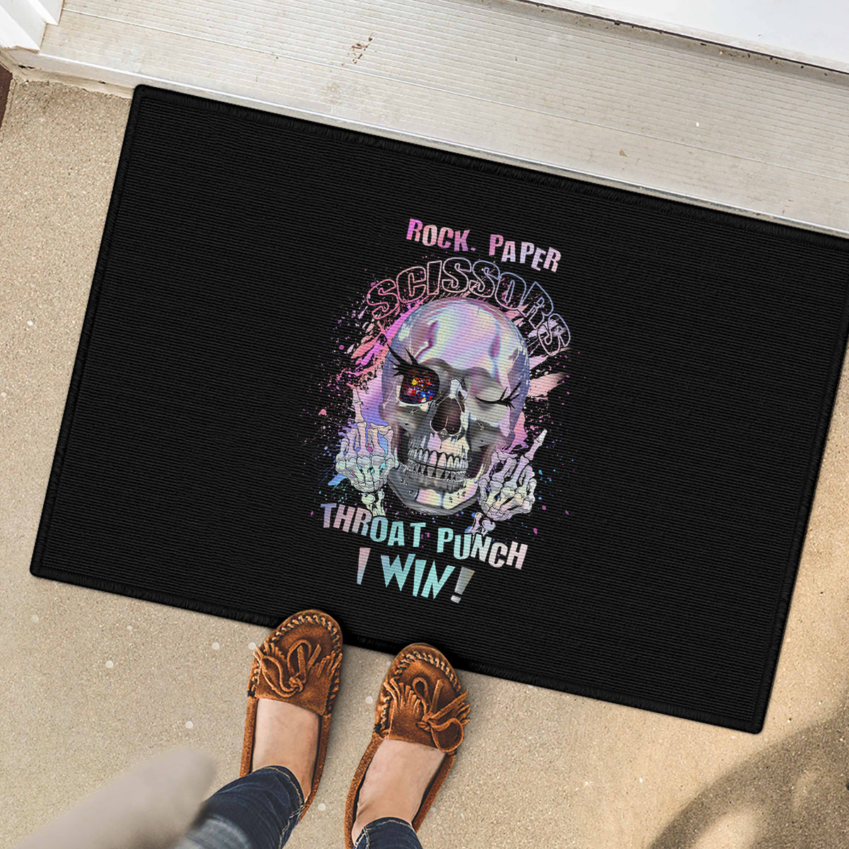 Rock Paper Throat Punch I Win Rubber Doormat - Wonder Print Shop
