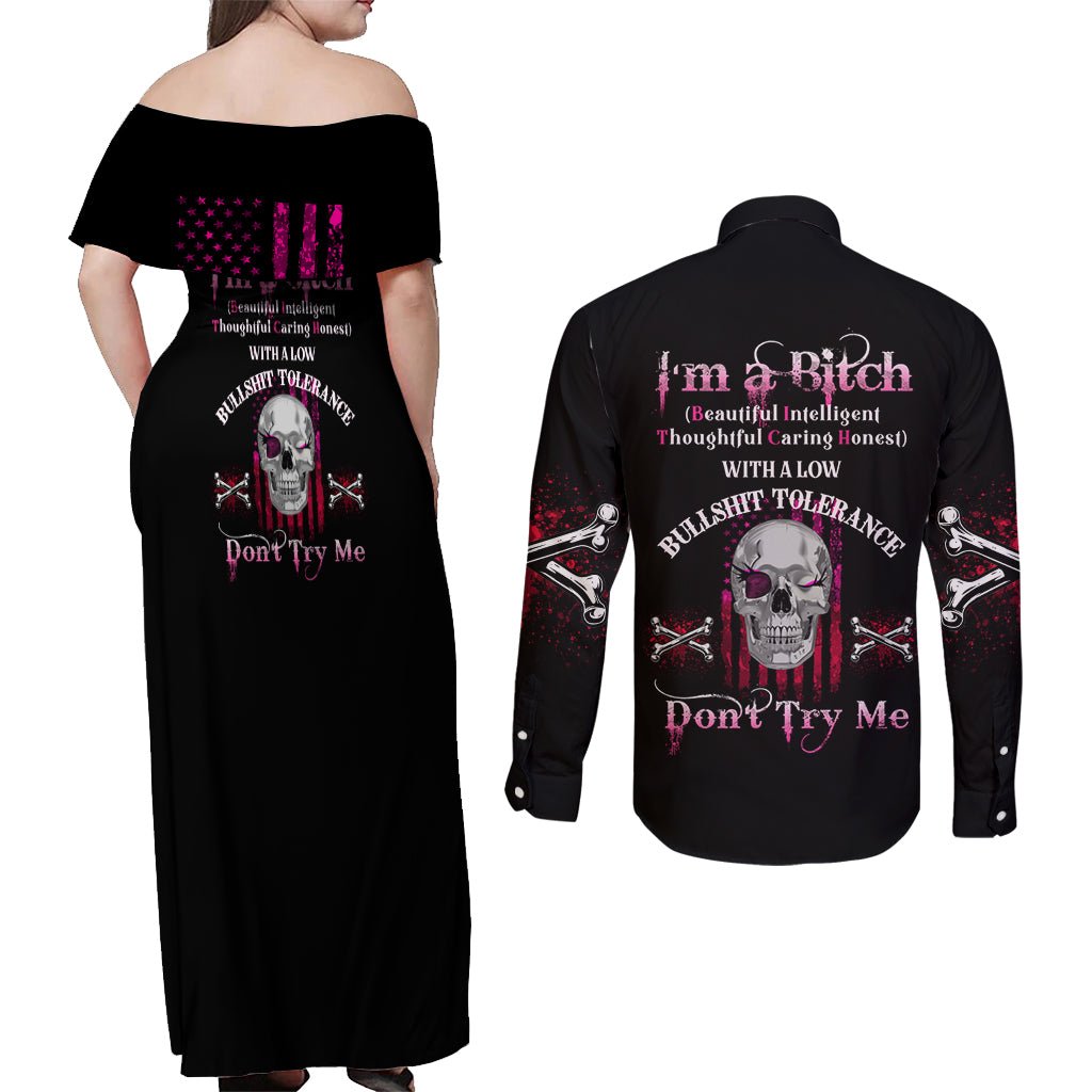 I'm A B Don't Try Me Couples Matching Off Shoulder Maxi Dress and Long Sleeve Button Shirt - Wonder Print Shop