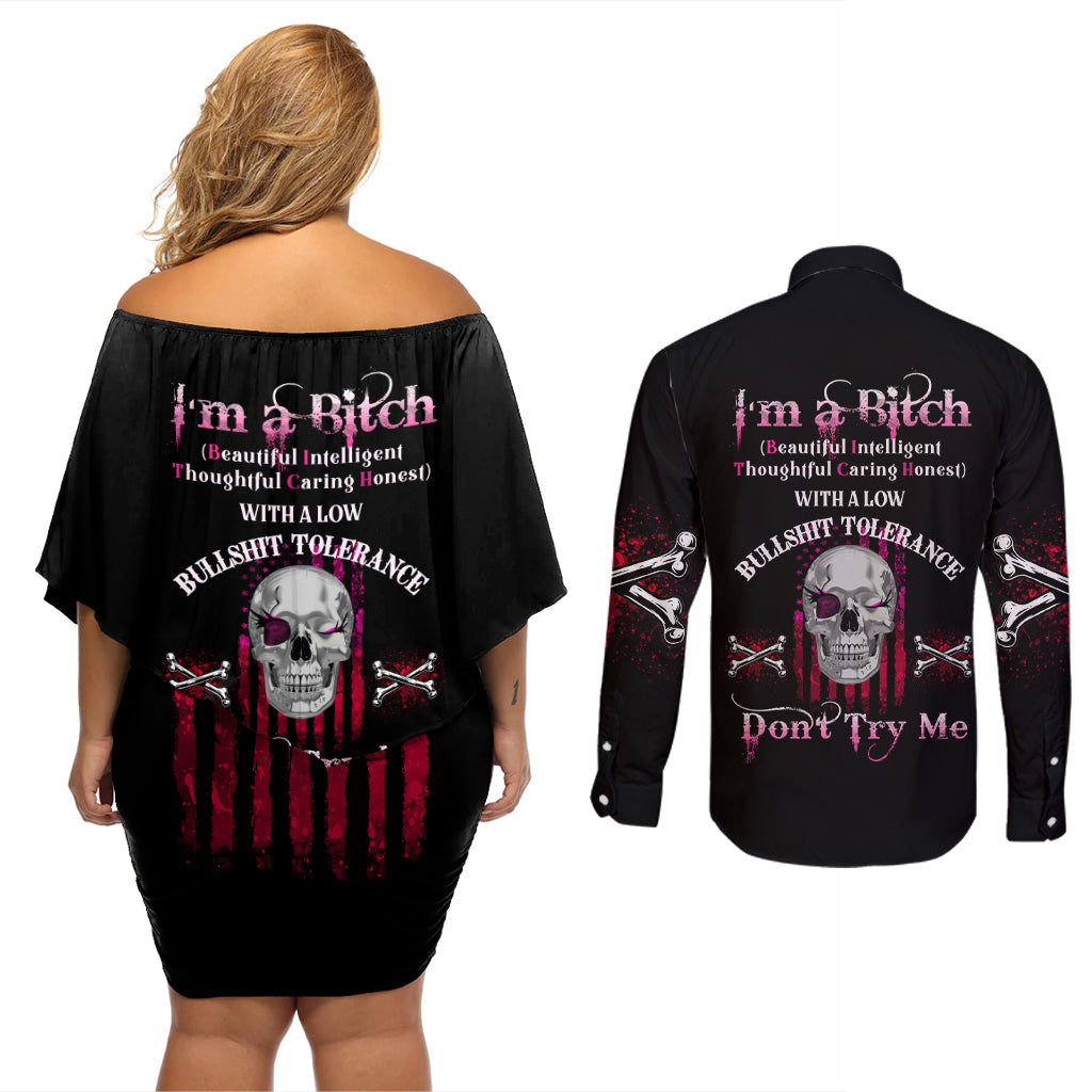 I'm A B Don't Try Me Couples Matching Off Shoulder Short Dress and Long Sleeve Button Shirt - Wonder Print Shop
