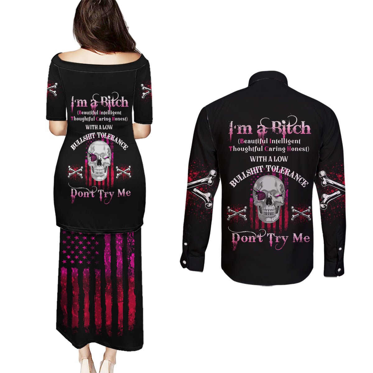 I'm A B Don't Try Me Couples Matching Puletasi Dress and Long Sleeve Button Shirt - Wonder Print Shop