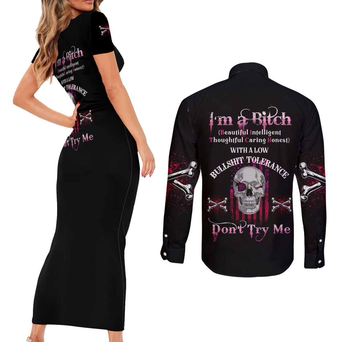 I'm A B Don't Try Me Couples Matching Short Sleeve Bodycon Dress and Long Sleeve Button Shirt - Wonder Print Shop