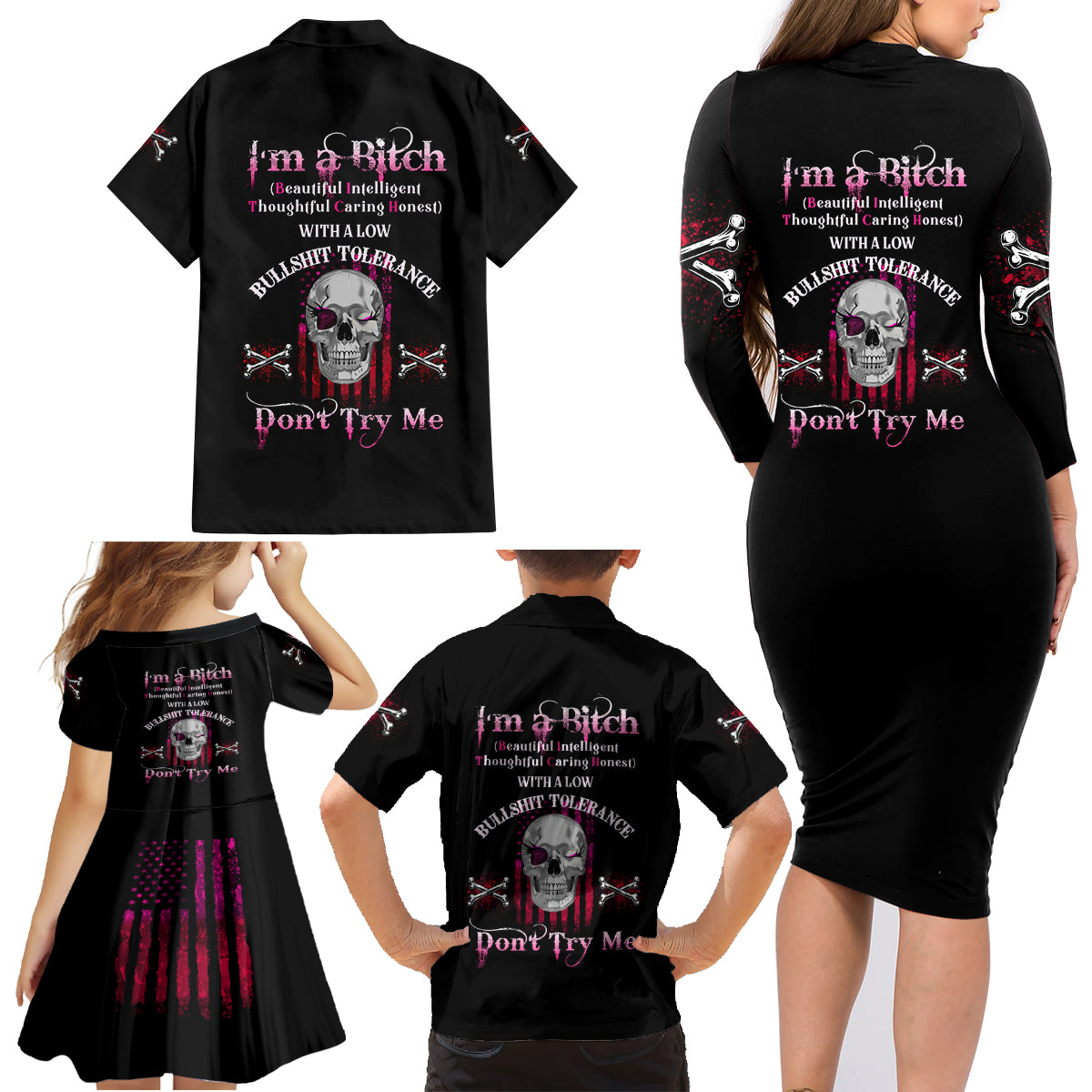 I'm A B Don't Try Me Family Matching Long Sleeve Bodycon Dress and Hawaiian Shirt - Wonder Print Shop