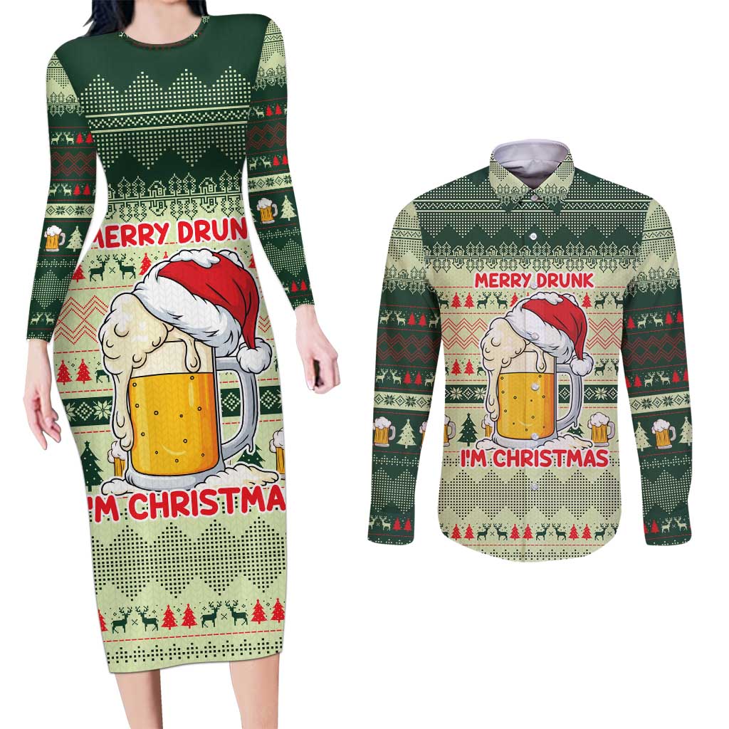 Merry Drunk I'm Christmas Couples Matching Long Sleeve Bodycon Dress and Long Sleeve Button Shirt Xmas Holiday Patterns - Wonder Print Shop