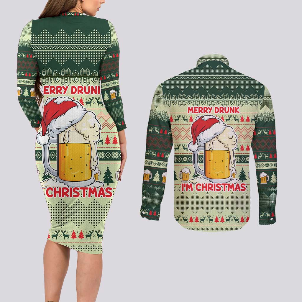 Merry Drunk I'm Christmas Couples Matching Long Sleeve Bodycon Dress and Long Sleeve Button Shirt Xmas Holiday Patterns - Wonder Print Shop