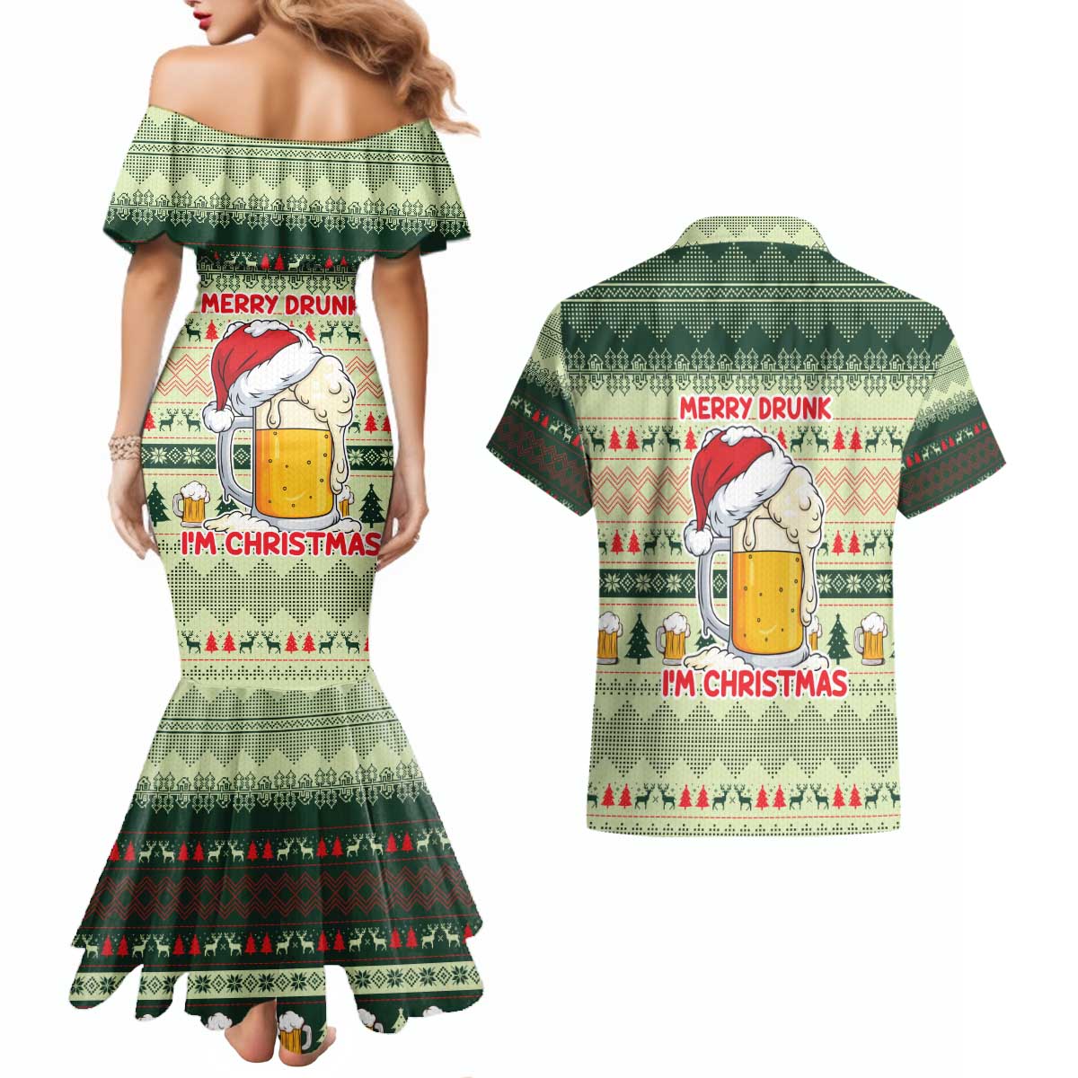 Merry Drunk I'm Christmas Couples Matching Mermaid Dress and Hawaiian Shirt Xmas Holiday Patterns - Wonder Print Shop