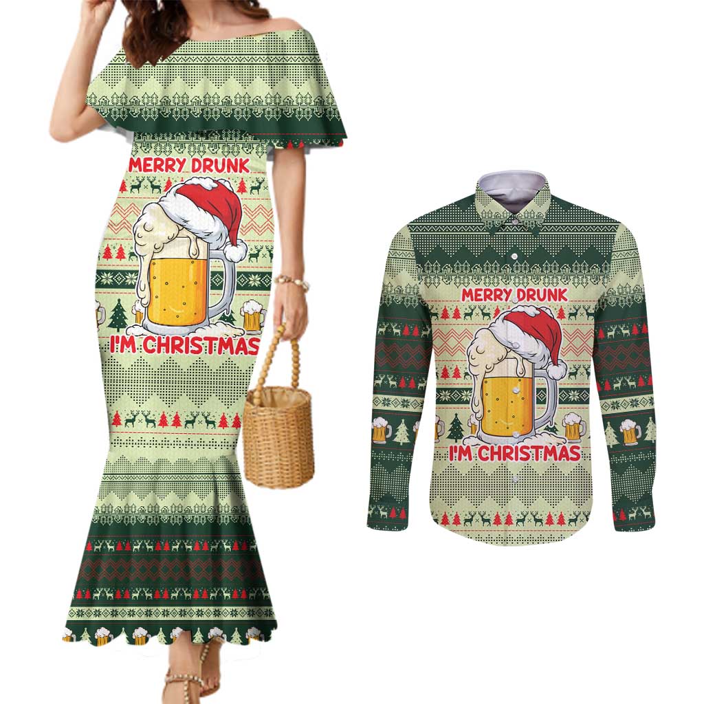 Merry Drunk I'm Christmas Couples Matching Mermaid Dress and Long Sleeve Button Shirt Xmas Holiday Patterns - Wonder Print Shop