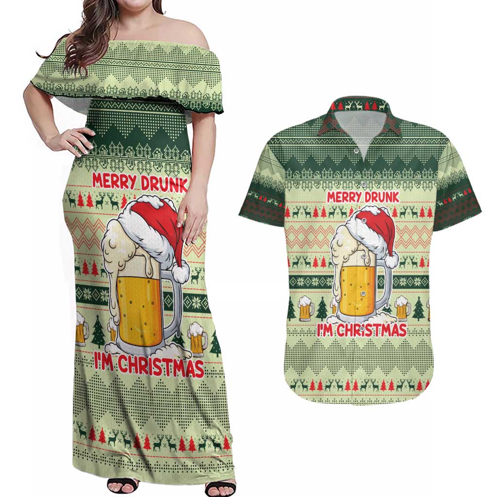 Merry Drunk I'm Christmas Couples Matching Off Shoulder Maxi Dress and Hawaiian Shirt Xmas Holiday Patterns - Wonder Print Shop