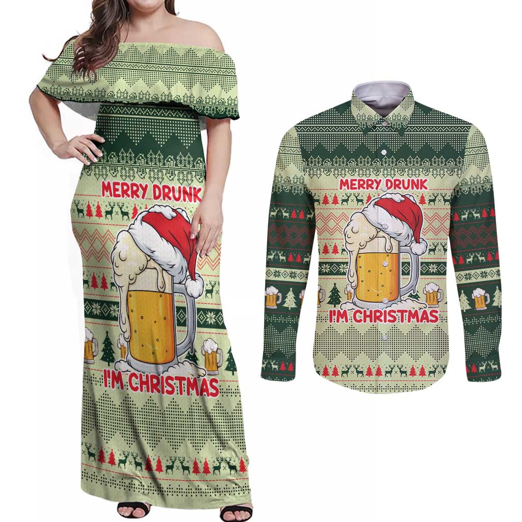 Merry Drunk I'm Christmas Couples Matching Off Shoulder Maxi Dress and Long Sleeve Button Shirt Xmas Holiday Patterns - Wonder Print Shop