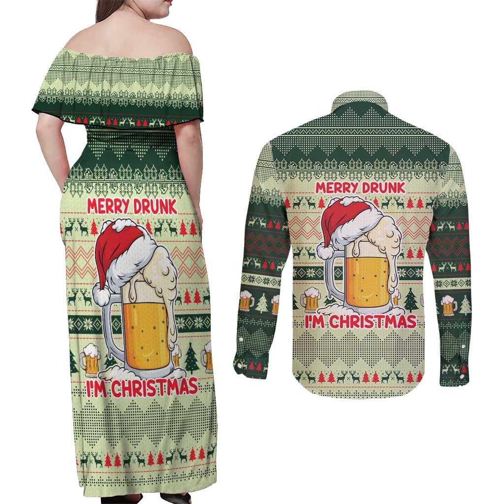 Merry Drunk I'm Christmas Couples Matching Off Shoulder Maxi Dress and Long Sleeve Button Shirt Xmas Holiday Patterns - Wonder Print Shop