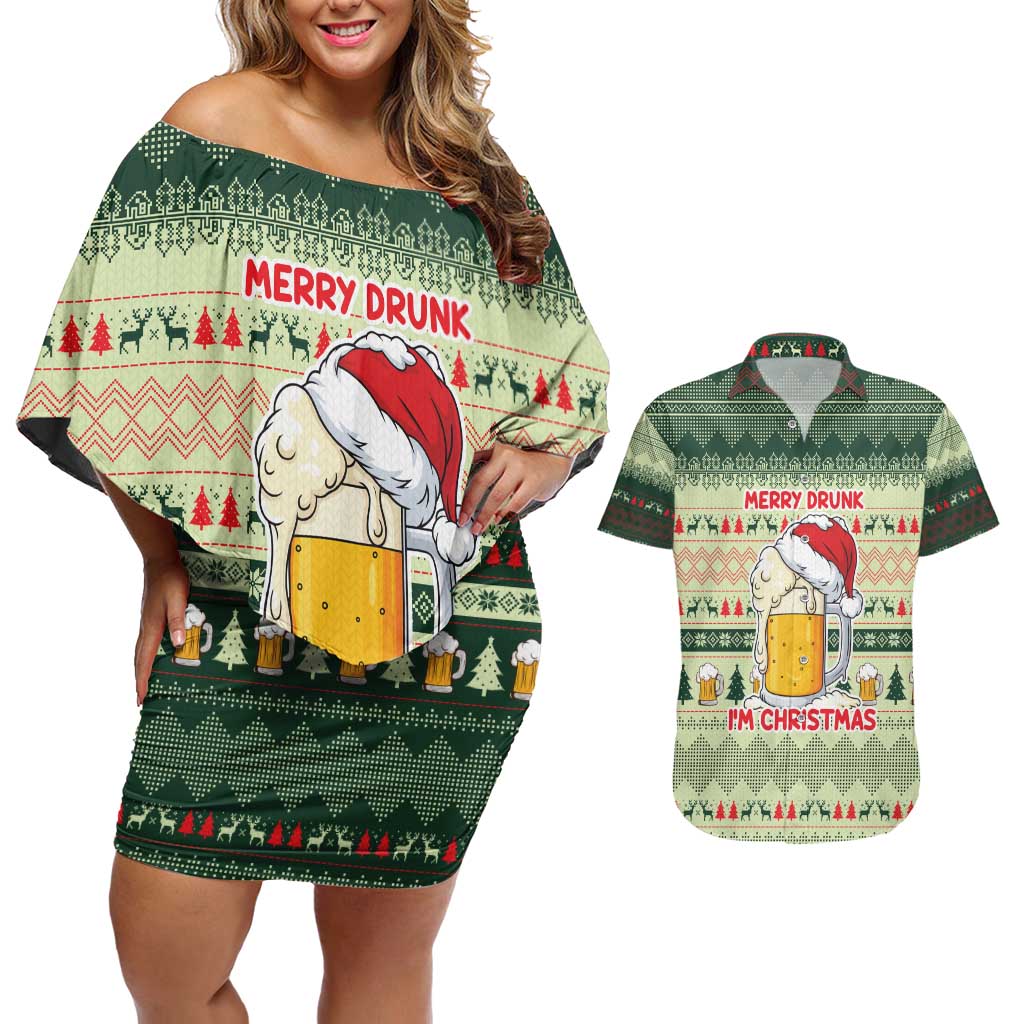 Merry Drunk I'm Christmas Couples Matching Off Shoulder Short Dress and Hawaiian Shirt Xmas Holiday Patterns - Wonder Print Shop