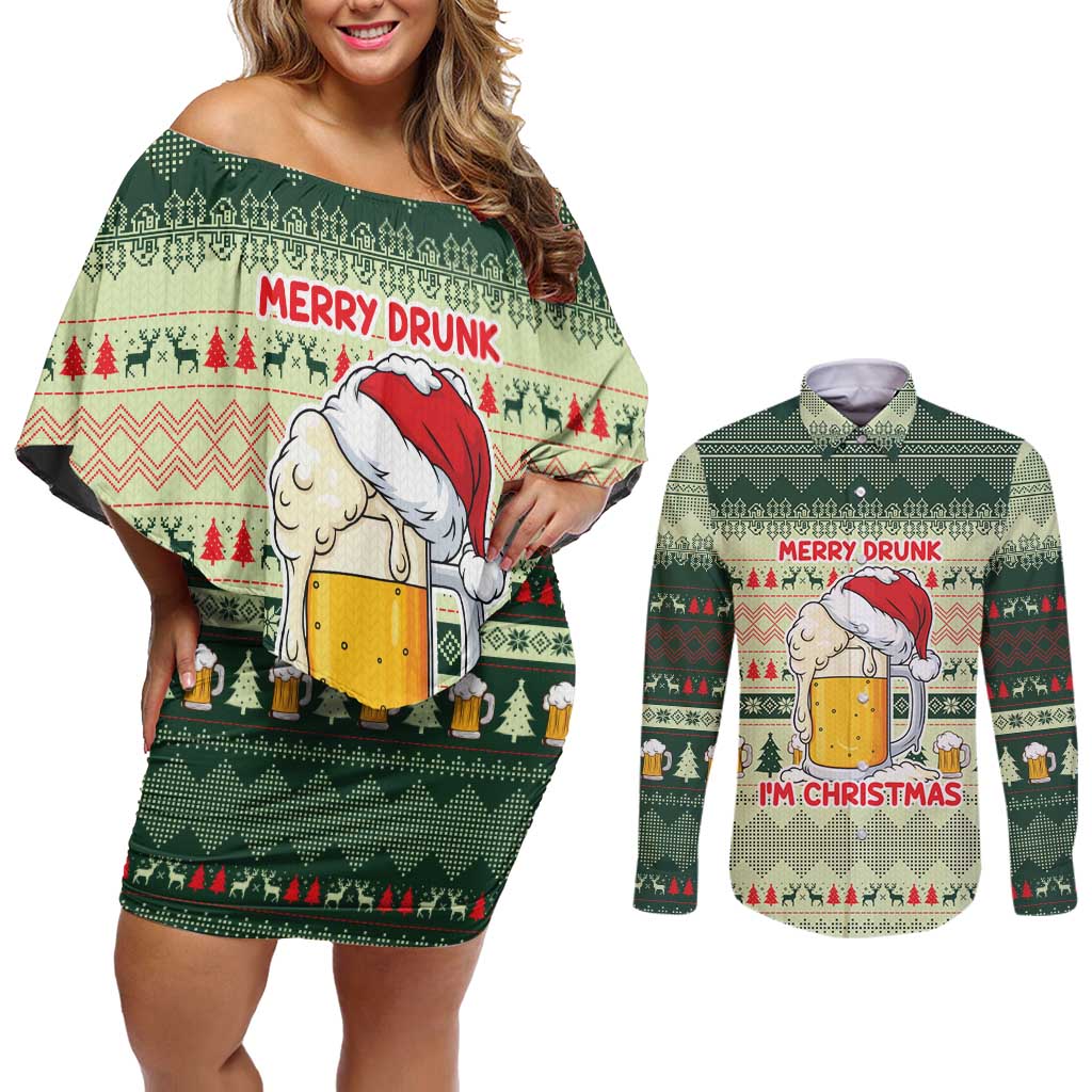 Merry Drunk I'm Christmas Couples Matching Off Shoulder Short Dress and Long Sleeve Button Shirt Xmas Holiday Patterns - Wonder Print Shop