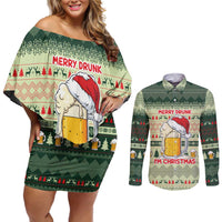 Merry Drunk I'm Christmas Couples Matching Off Shoulder Short Dress and Long Sleeve Button Shirt Xmas Holiday Patterns - Wonder Print Shop