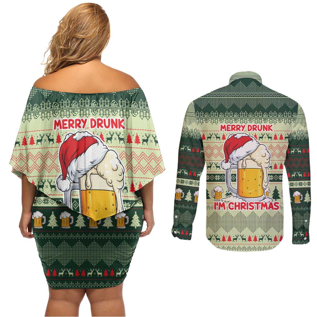 Merry Drunk I'm Christmas Couples Matching Off Shoulder Short Dress and Long Sleeve Button Shirt Xmas Holiday Patterns - Wonder Print Shop
