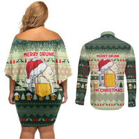 Merry Drunk I'm Christmas Couples Matching Off Shoulder Short Dress and Long Sleeve Button Shirt Xmas Holiday Patterns - Wonder Print Shop