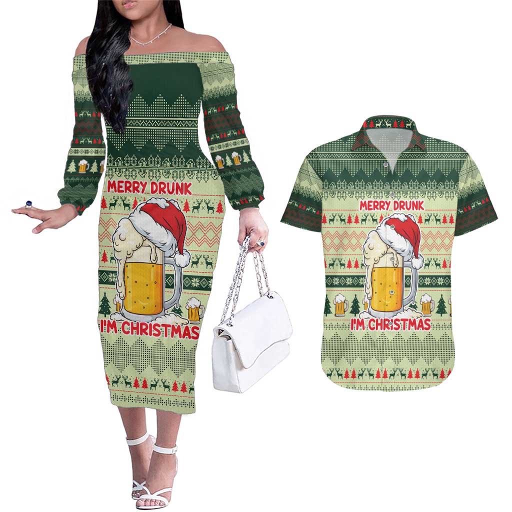Merry Drunk I'm Christmas Couples Matching Off The Shoulder Long Sleeve Dress and Hawaiian Shirt Xmas Holiday Patterns - Wonder Print Shop